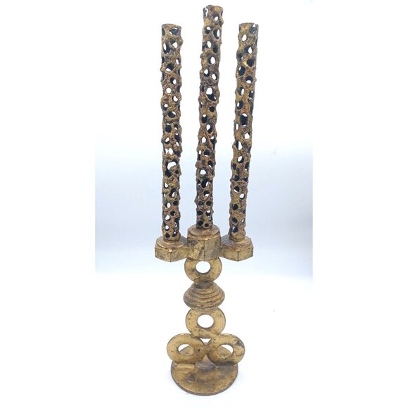 Vintage Gothic Brutalist Steampunk 3 Candle Metal Candelabra Pierced Design 16" - Picture 4 of 12